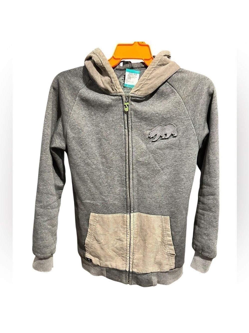 GRASSROOTS HOODIE REMOVABLE BEAR Gray Khaki Zip Up Hoodie Elbow Patches Men’s S